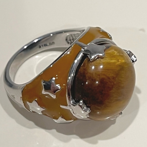 Chunky Tigers Eye Statement Ring Stainless Steel Star Details - Size 7 - Picture 3 of 7